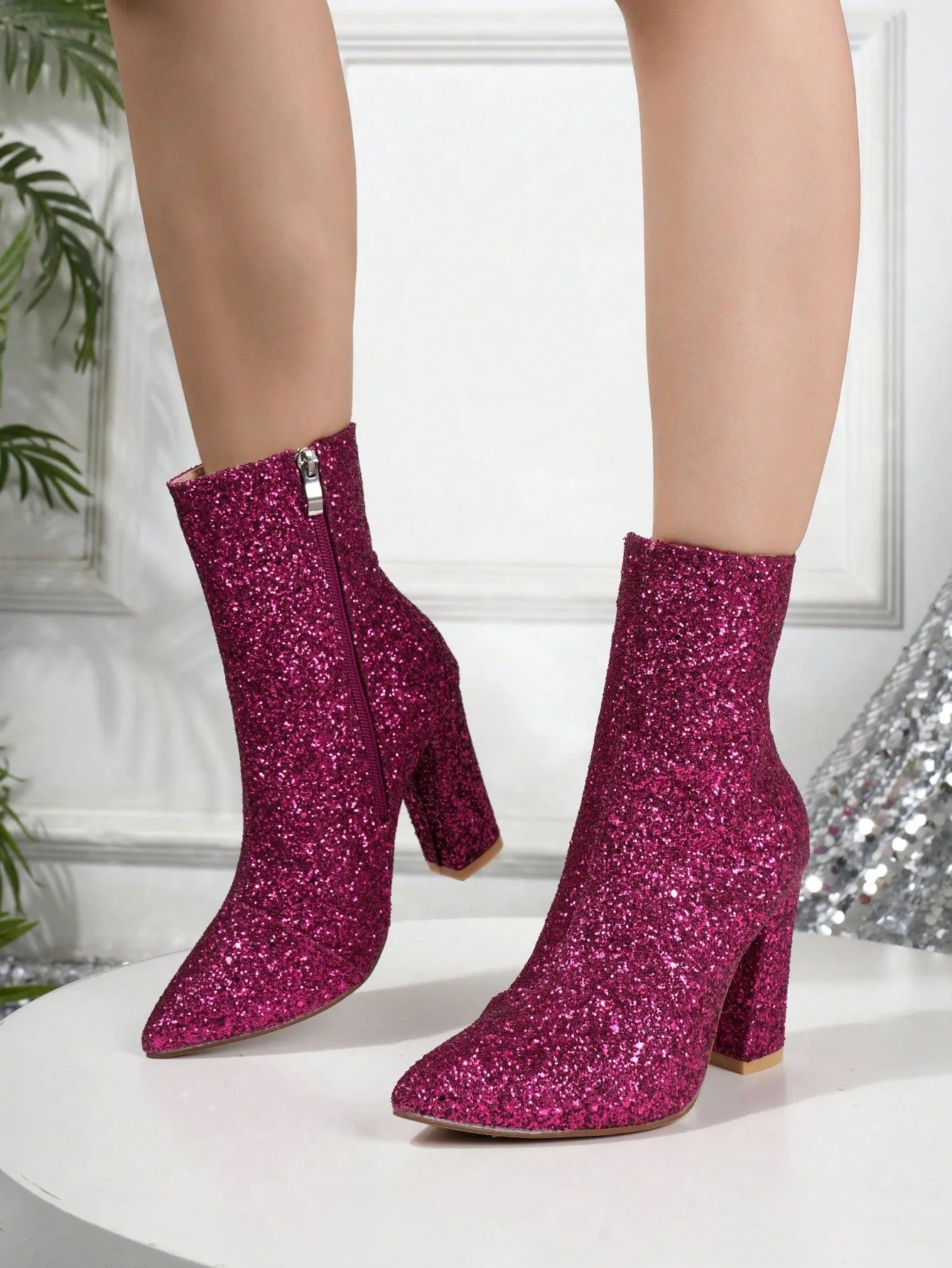 Women's Fashionable Boots, Silver Metallic Pointed Toe Chunky Heel Ankle Boots With Adhesive Design