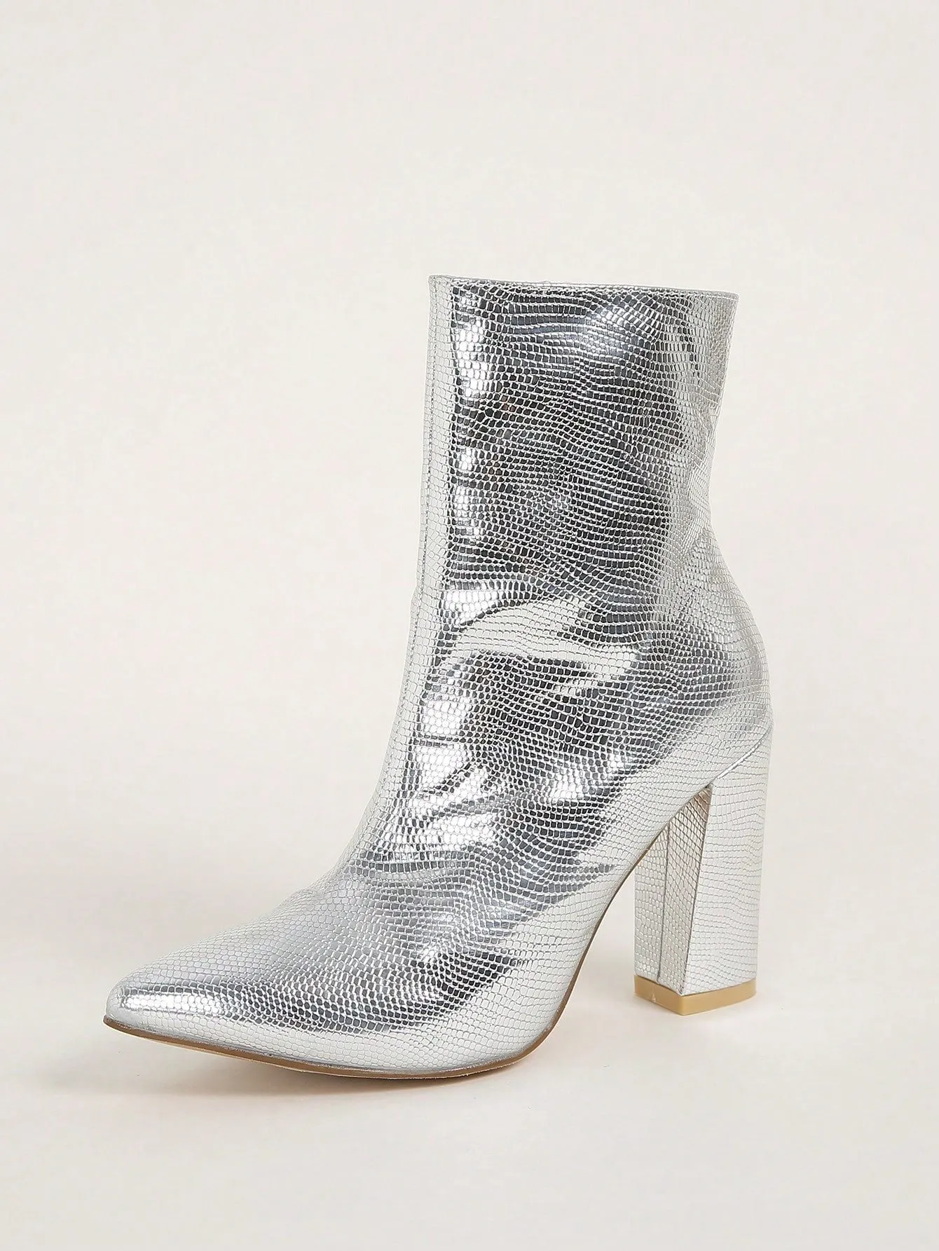 Women's Fashionable Boots, Silver Metallic Pointed Toe Chunky Heel Ankle Boots With Adhesive Design