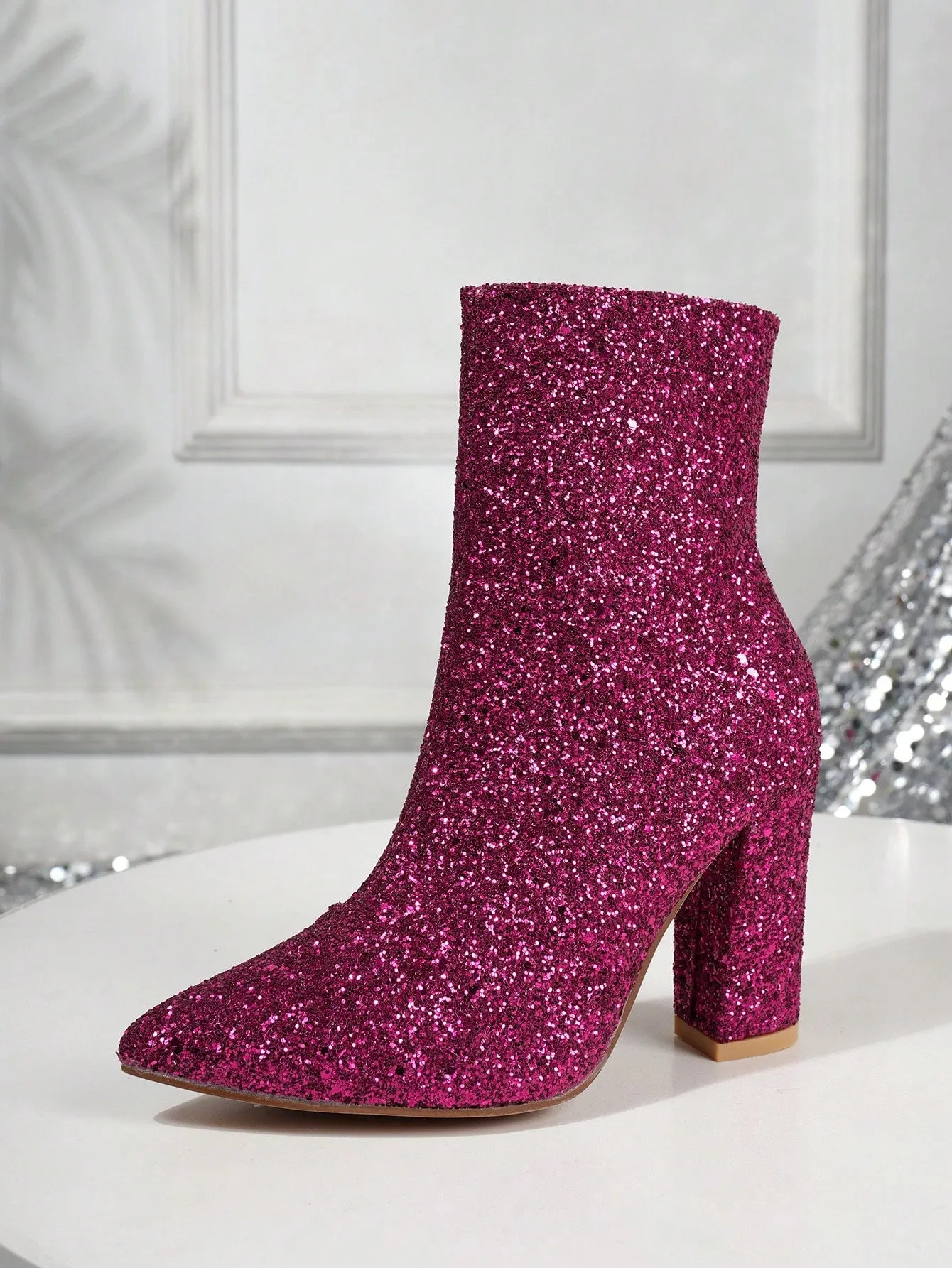 Women's Fashionable Boots, Silver Metallic Pointed Toe Chunky Heel Ankle Boots With Adhesive Design