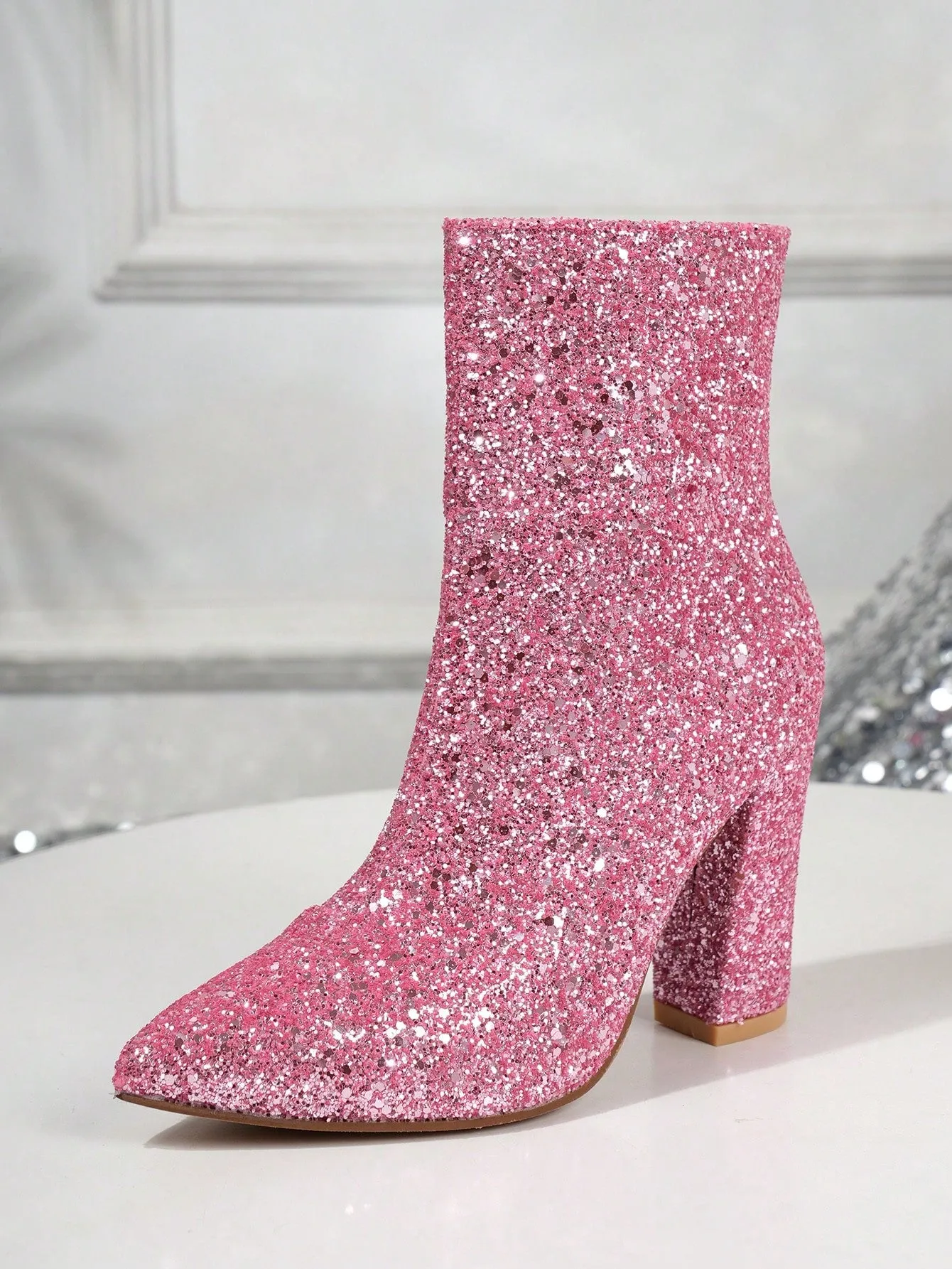 Women's Fashionable Boots, Silver Metallic Pointed Toe Chunky Heel Ankle Boots With Adhesive Design