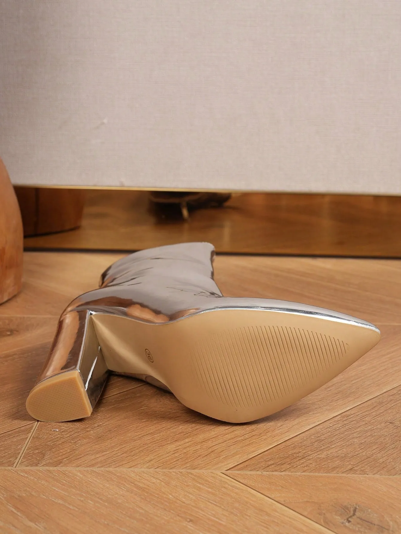 Women's Fashionable Boots, Silver Metallic Pointed Toe Chunky Heel Ankle Boots With Adhesive Design
