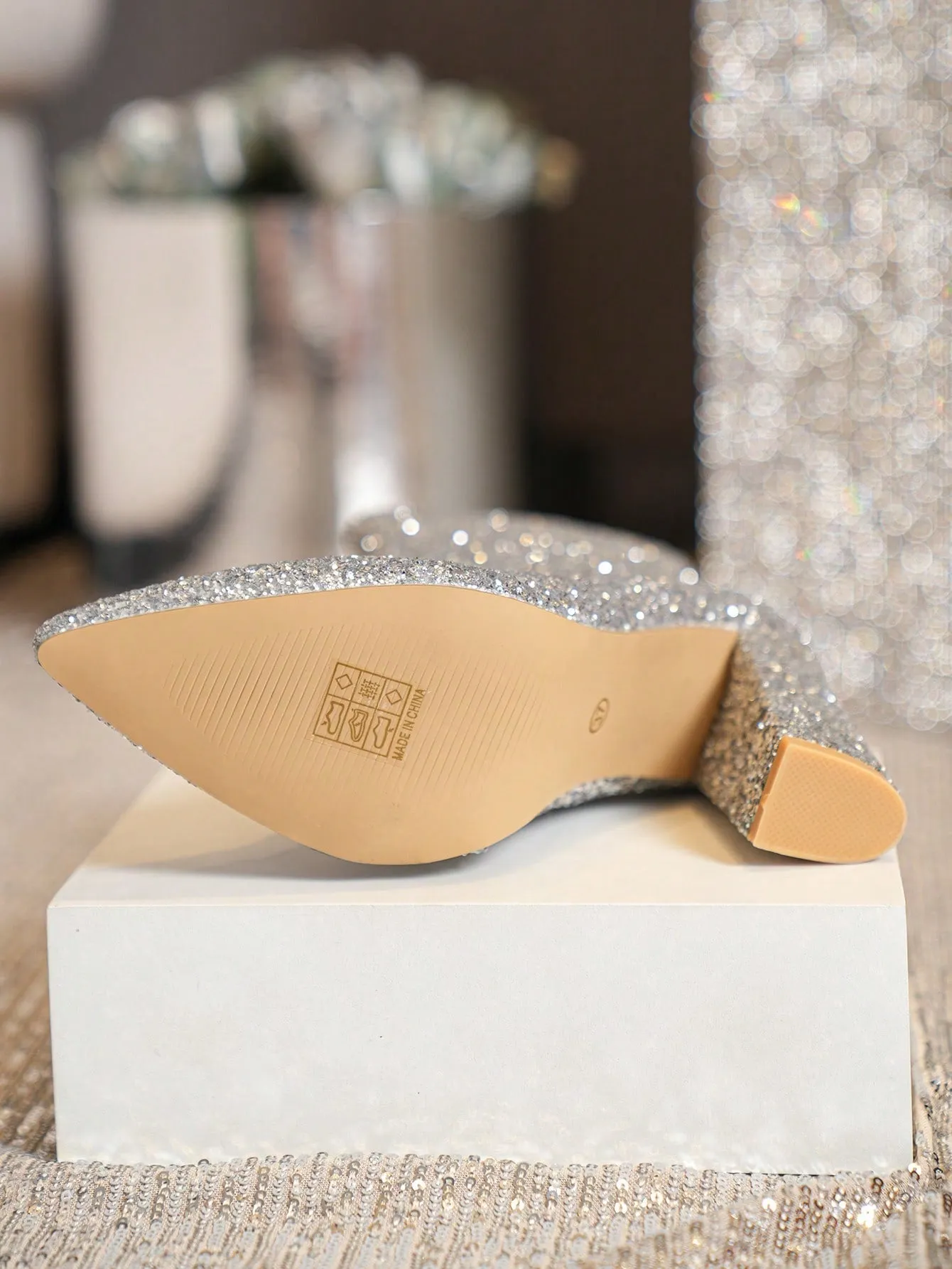 Women's Fashionable Boots, Silver Metallic Pointed Toe Chunky Heel Ankle Boots With Adhesive Design