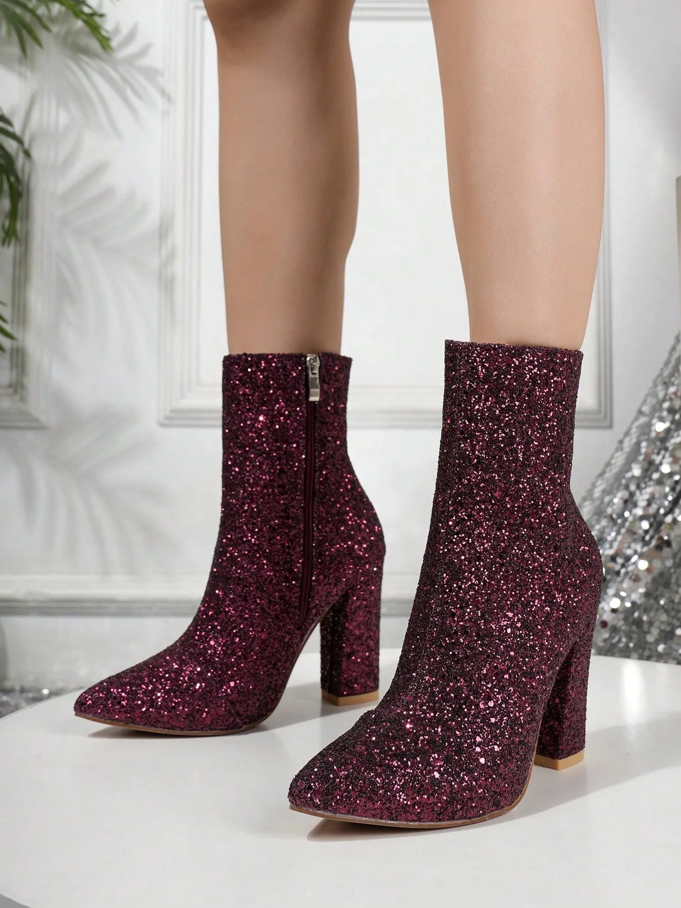 Women's Fashionable Boots, Silver Metallic Pointed Toe Chunky Heel Ankle Boots With Adhesive Design