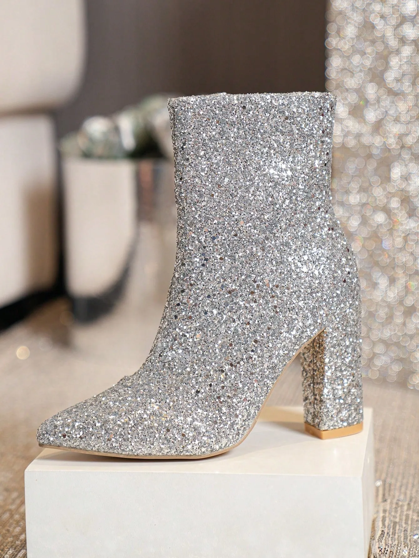 Women's Fashionable Boots, Silver Metallic Pointed Toe Chunky Heel Ankle Boots With Adhesive Design