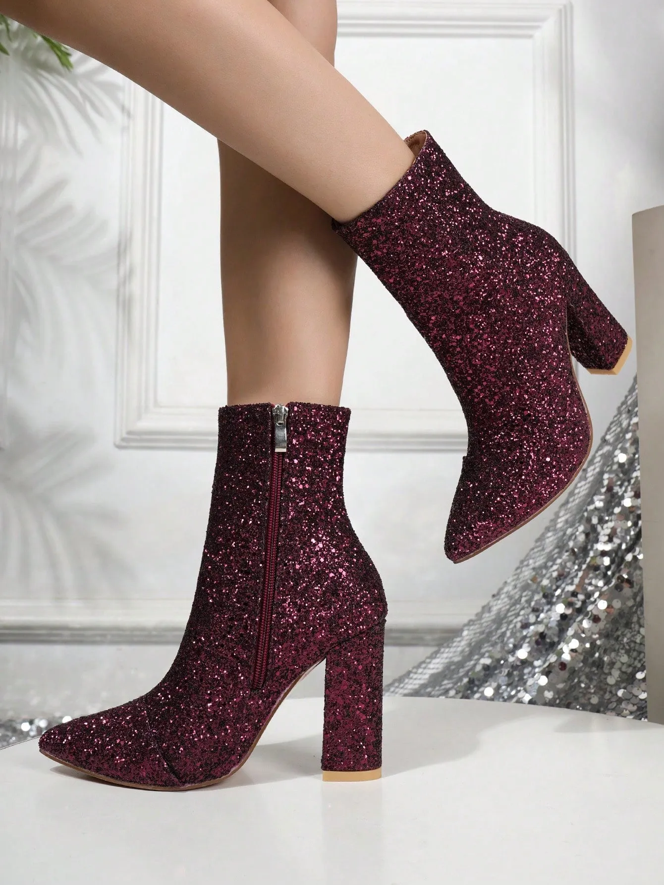 Women's Fashionable Boots, Silver Metallic Pointed Toe Chunky Heel Ankle Boots With Adhesive Design